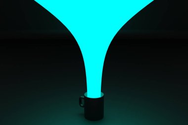 3 boyutlu görüntüleme. Orta büyüklükte bir fincan siyah çay ve kahvenin mavi renkte olması kavramsal olarak izole edilmiş siyah bir zemine mavi bir su akışı bırakır. Termal bardak görselleştirmesi  