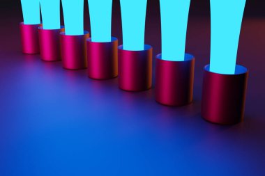 3 boyutlu görüntüleme. Pembe izole edilmiş arka planda siyah ve pembe daireler halinde mavi su damlalarını kaybederiz. Neon bardağı kavramı ve su akıntısı. Kupa Deseni 