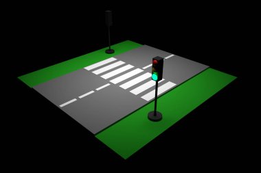 Otoyol, işaretler ve trafik ışığı olan küçük bir şehir yolunun üç boyutlu çizimi. Yaya geçidi işaretleri, kesik çizgiler. Yol kurallarını öğrenmek için model