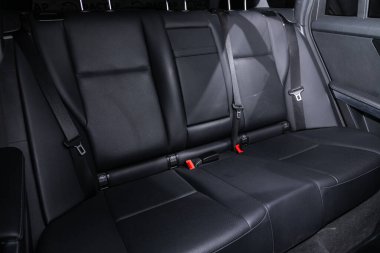 Novosibirsk/ Russia  April 28 2020: Mercedes Benz GLK-class, Comfort car inside. Clean car interior: black back seats, headrests and belt  clipart