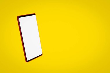 Üç boyutlu illüstrasyon, sarı izole edilmiş arka planda beyaz bir ekranda modern bir akıllı telefonun taklidini yapıyor. Tasarım, web afişi, web ve mobil için çizim, bilgi. Uygulama sunum kavramı