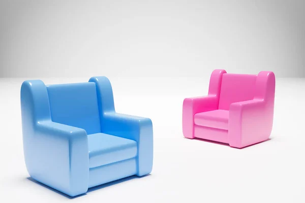 Ilustrace Modrá Růžová Měkká Židle Stojí Proti Sobě Bílém Izolovaném — Stock fotografie
