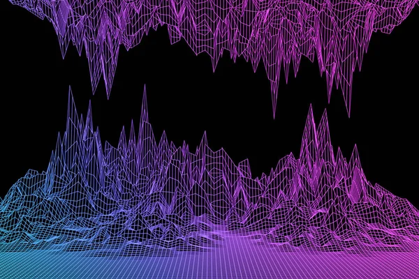 3d illustration neon blue-pink mountains of different sizes on a black background. Sharp waves. Abstract lines. Flow background.