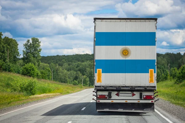 Camión Con Bandera Nacional Argentina Representada Puerta Trasera Lleva Mercancías — Foto de Stock