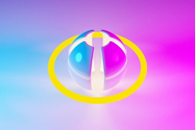 Yaprakları ve oribti olan neon pembe ve sarı bir topun üç boyutlu çizimi ışığın arka planında farklı yönlere doğru ışıldar. Sanal gerçeklikteki gibi. Basit geometrik şekiller 
