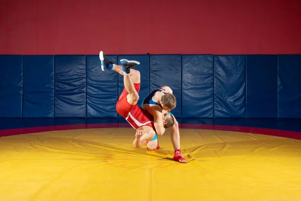 Dos Hombres Fuertes Medias Lucha Azul Roja Están Luchando Haciendo — Foto de Stock