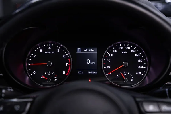 Novosibirsk Ρωσία Απριλίου 2020 Kia Rio Dashboard Closeup Ορατό Ταχύμετρο — Φωτογραφία Αρχείου