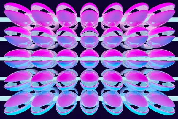 ネオンピンクとブルーのボールの3Dイラストで 黒い背景にビーズの形で紐に花びらが張られています 仮想現実におけるサイバーネックレス 単純な幾何学的形状 — ストック写真