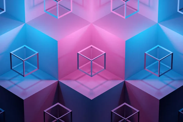 Illustration Cube Volumétrique Rose Bleu Sur Fond Géométrique Monophonique Modèle — Photo