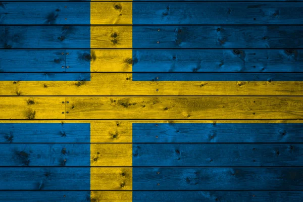 Nemzeti Zászló Svédország Van Festve Táborban Egyenletes Táblák Szegezett Egy — Stock Fotó