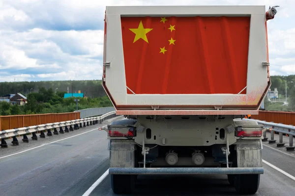 Big Truck National Flag China Moving Highway Background Village Forest — Stock Photo, Image