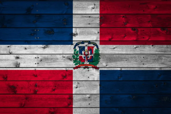Dominicana Nın Ulusal Bayrağı Çiviyle Çivilenmiş Tahtalardan Oluşan Bir Kampa — Stok fotoğraf