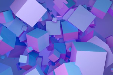 Geometrik arkaplanda 3D illüstrasyon hacimli pembe ve mavi küp. Paralelkenar desen. Teknoloji geometrisi neon arkaplanı