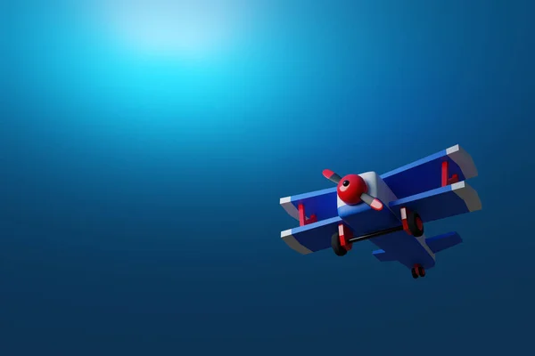 3d illustration of a blue-red airplane in cartoon style on a blue background. Funny airplane project. Retro airplane in the sky