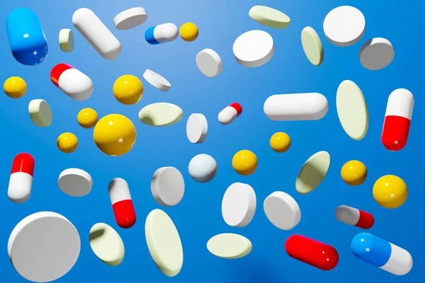 Illustration White Red Capsules Pils Medicine Scattered Yellow White Pills — Stock Photo, Image