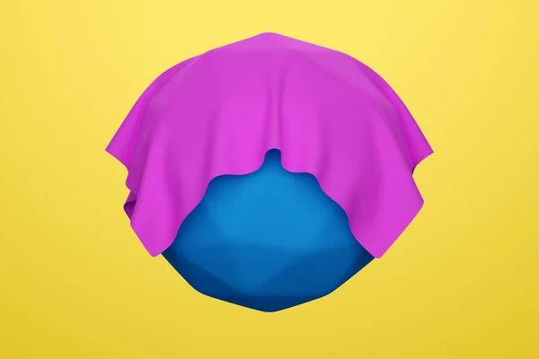 3d illustration of a blue ball with a lot of corners hidden under a pink piece of fabric on a yellow background. Geometry pattern.Balls like molecules