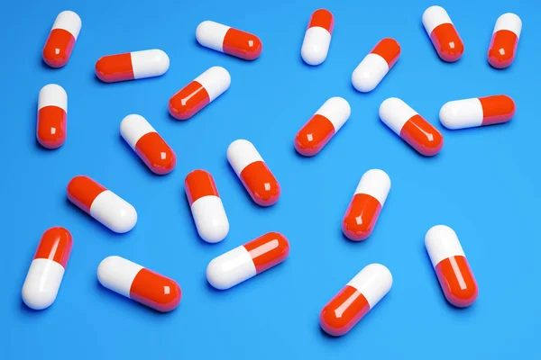 Illustration White Red Capsules Pils Medicine Scattered Random Order Blue — Stock Photo, Image