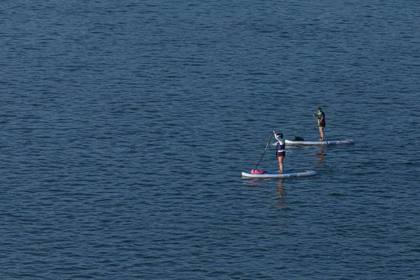 Novosibirsk Russia June 2020 Two Women Athletes Oars Swim Surfboards — Stock Photo, Image