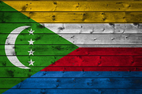 Bandeira Nacional Comores Pintada Acampamento Tábuas Pares Pregadas Com Prego — Fotografia de Stock