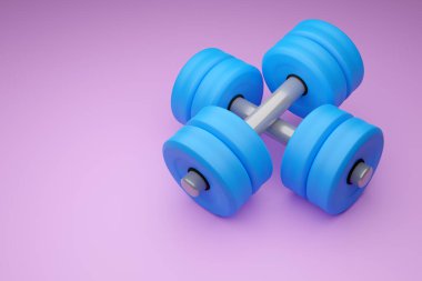 Parlak pembe arka planda bir çift parlak mavi metal halterin 3D çizimi. Spor konsepti
