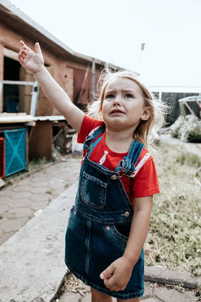 暖かい日に庭で泣いたり腕を要求したりする少女がいます — ストック写真