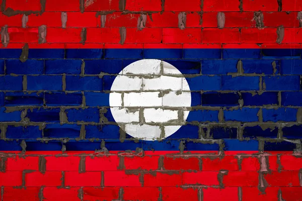 Die Laotische Nationalflagge Auf Eine Wand Aus Sibit Blöcken Mit — Stockfoto