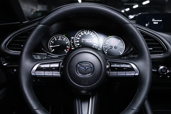 Novosibirsk Russia April 2020 Mazda Steering Wheel Shift Lever Multimedia — Stock Photo, Image