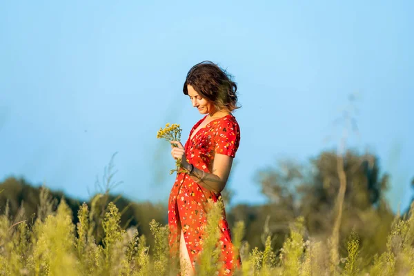 Ciemnowłosa Kobieta Uśmiecha Się Spaceruje Zielonym Polu Ubrana Romantyczną Sukienkę — Zdjęcie stockowe
