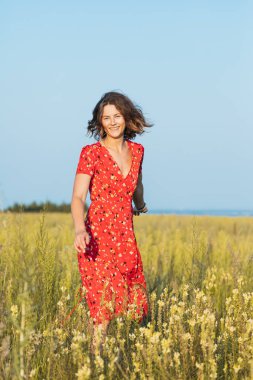 Tarlalar boyunca kırmızı uzun elbiseli kıvırcık saçlı bir kızın romantik yürüyüşü. Kadın özgürlüğü, özgürlük ve aşk kavramı.