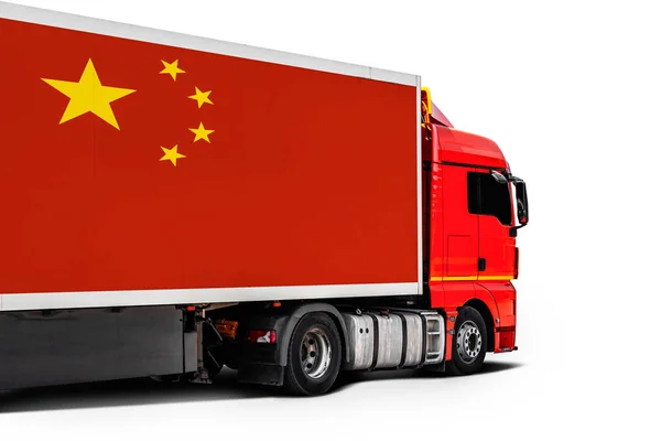 Big Truck National Flag China White Isolated Background Side View — Stock Photo, Image