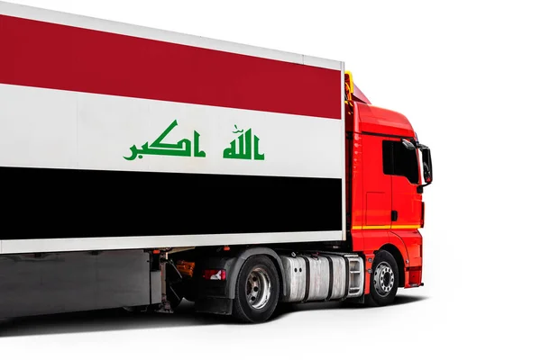 Grote Vrachtwagen Met Nationale Vlag Van Irak Witte Geïsoleerde Achtergrond — Stockfoto