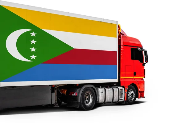 Big Truck National Flag Comoros White Isolated Background Side View — Stock Photo, Image