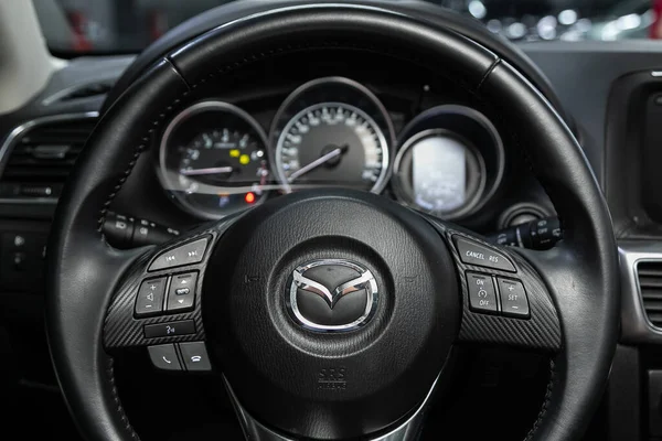 Novosibirsk Russia 2020 Mazda Black Luxury Car Interior Dashboard Player — 스톡 사진