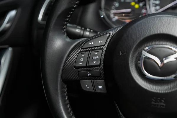 Novosibirsk Russia June 2020 Mazda New Black Steering Wheel Multifunction — Stock Photo, Image
