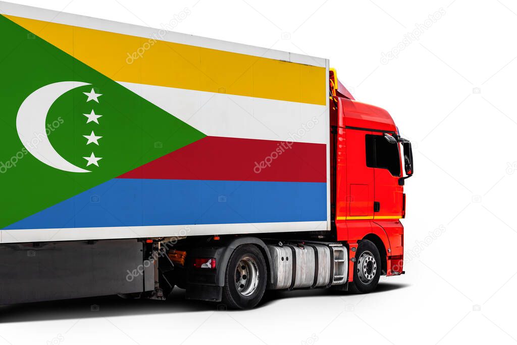 Big  truck with the national flag of  Comoros on white isolated background, side view. Concept of export-import,transportation, national delivery of goods