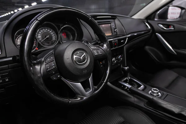 Novosibirsk Russia June 2020 Mazda Auto Interior Steering Wheel Logo — Stock Photo, Image