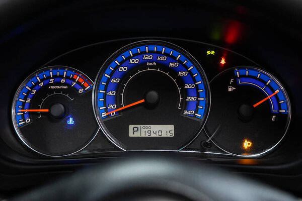 Novosibirsk/ Russia  June 23 2020: Subaru Forester, sign and symbol on car dashboard. Car speedometer and tachometer  closeup. Car interior 