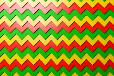 Dekoratif desen, desen, desen, desen, desen ve sarı, yeşil ve kırmızı geometrik desenlerin üç boyutlu çizimi. Üçgen 3B yazdırma
