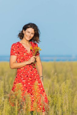 Yeşil tarlada yürüyen ve elinde bir buket sarı çiçekle kırmızı elbisesi olan genç bir kadın. Köyde yaz tatili ve yaşam tarzı kavramı.