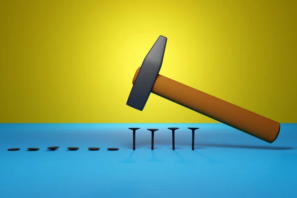 3d illustration of a hammer with a wooden handle hammers metal nails into a large row on a yellow background