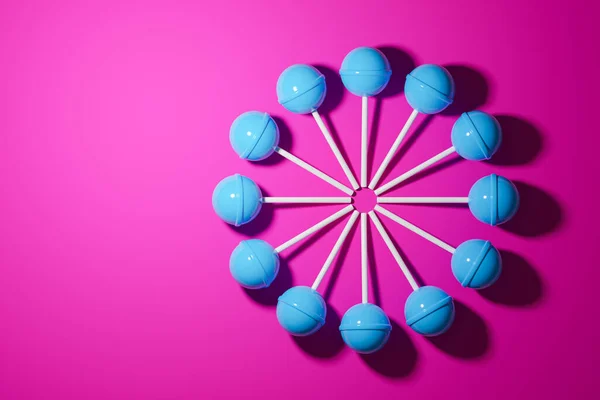 Colorful Sweet Lollipop Illustration Blue Candy Lined Circle Pink Background — Stock Photo, Image