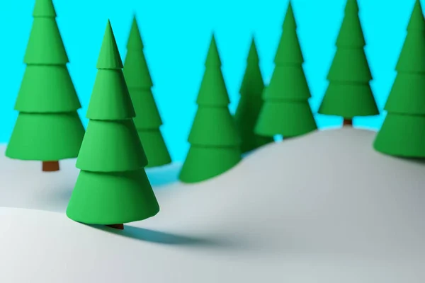Winter Forest Coniferous Trees Snowdrifts Blue Sky Simplified Cartoon Style — Stock Photo, Image