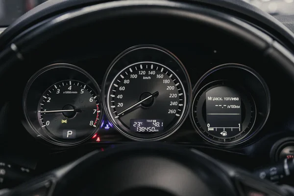 Novosibirsk Russia August 2020 Mazda Close Dashboard Speedometer Tachometer White — Stock Photo, Image