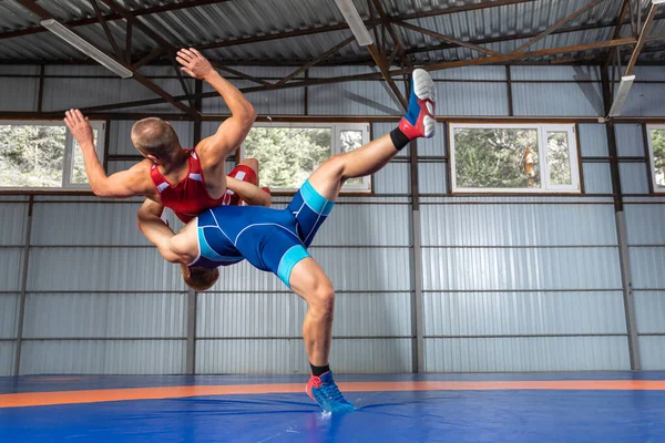 公正なレスリングの概念 赤と青のユニフォームを着た2人のグレコ ローマの力士が 体操競技場のレスリングカーペットで絶妙なレスリングをしています — ストック写真