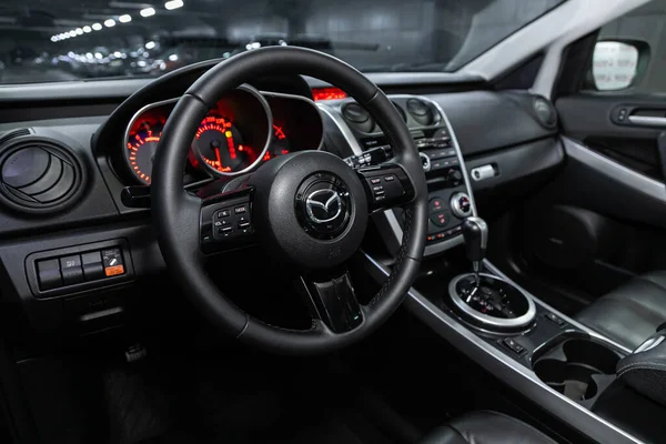 Novosibirsk Russia August 2020 Mazda Auto Interior Steering Wheel Logo — Stock Photo, Image