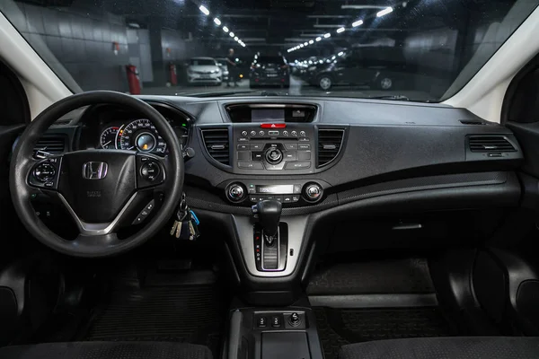 Novosibirsk Ryssland Augusti 2020 Honda Bil Interiör Ratt Växelspak Multimediasystem — Stockfoto