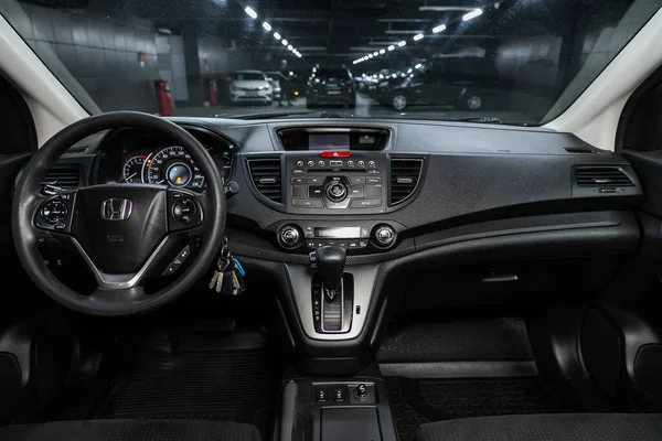 Novosibirsk Rusland Augustus 2020 Honda Auto Interieur Stuurwiel Hefboom Multimediasysteem — Stockfoto