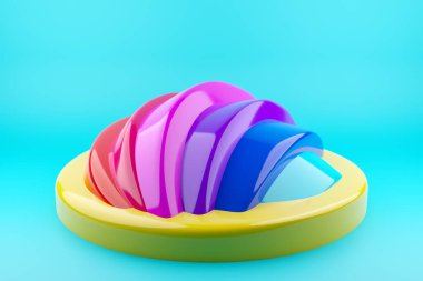 Mavi arka planda 3D, alışılmadık, çok renkli geometrik şekil. Bir armadilloya benzer standart olmayan bir sahnenin yakın çekimi