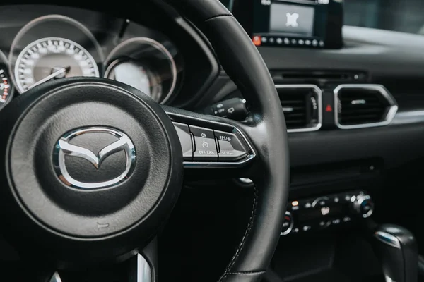 Novosibirsk Russia September 2020 Mazda Modern Black Steering Wheel Multifunction — Stock Photo, Image