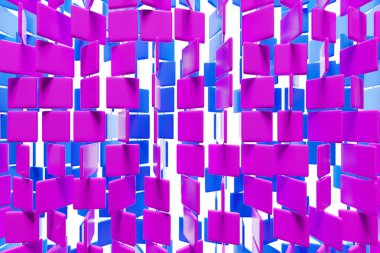 Mor ve pembe karelerin 3d çizimi. Monokrom arka planda küplerin deseni. Geometri arkaplanı